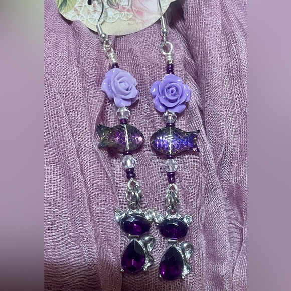 Purple Gem Cats Hand Crafted Earrings - Picture 7 of 8